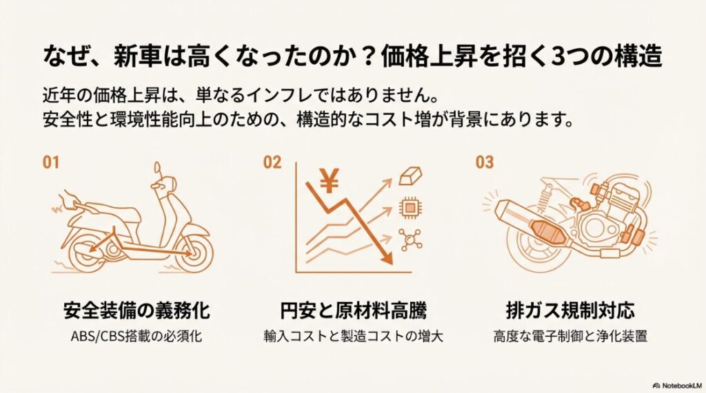 125ccスクーターの新車で安いランキング！安全装備の義務化、円安と原材料高騰、排ガス規制対応によりバイクの新車価格が上昇している仕組みを図解した資料