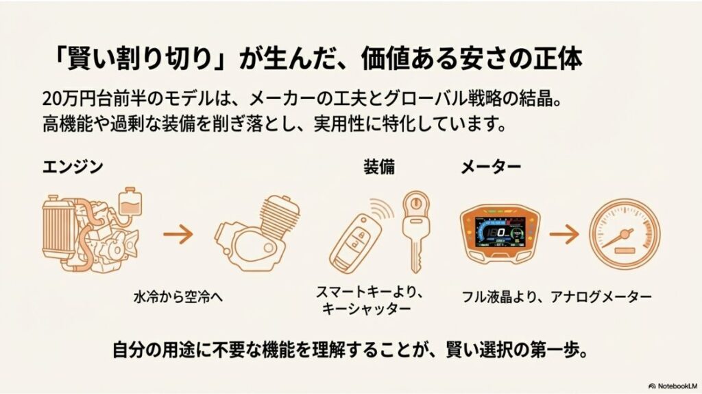 125ccスクーターの新車で安いランキング！エンジンを水冷から空冷へ、スマートキーよりキーシャッターへなど、機能を割り切ることで低価格を実現している解説図
