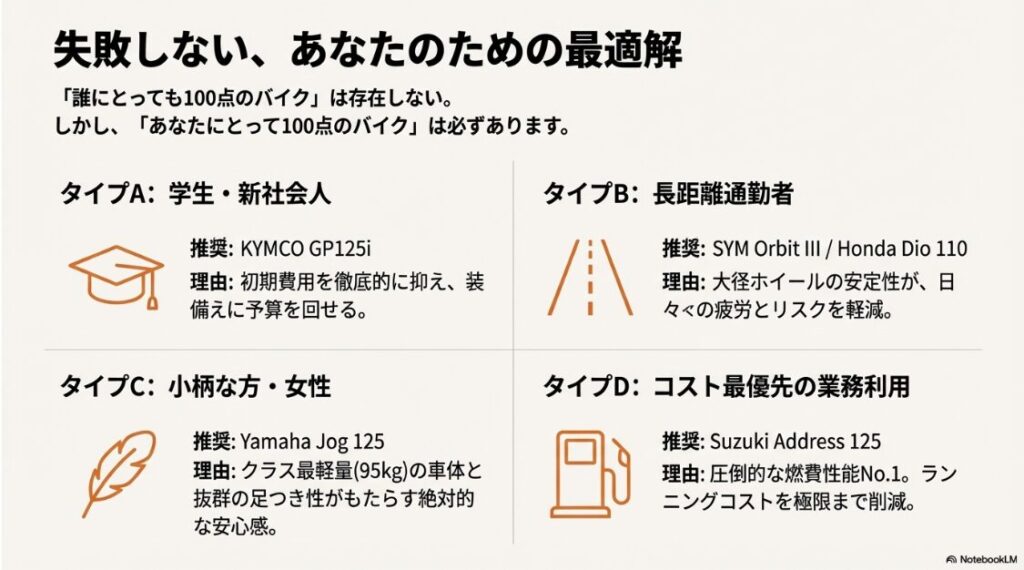 125ccスクーターの新車で安いランキング！学生、小柄な方、長距離通勤者、業務利用など、ユーザーのタイプ別におすすめのスクーター4車種を提案するチャート