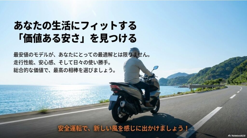 125ccスクーターの新車で安いランキング！最安値だけでなく、走行性能や安心感を含めた総合的な価値でバイクを選ぶ重要性を説くまとめのスライド