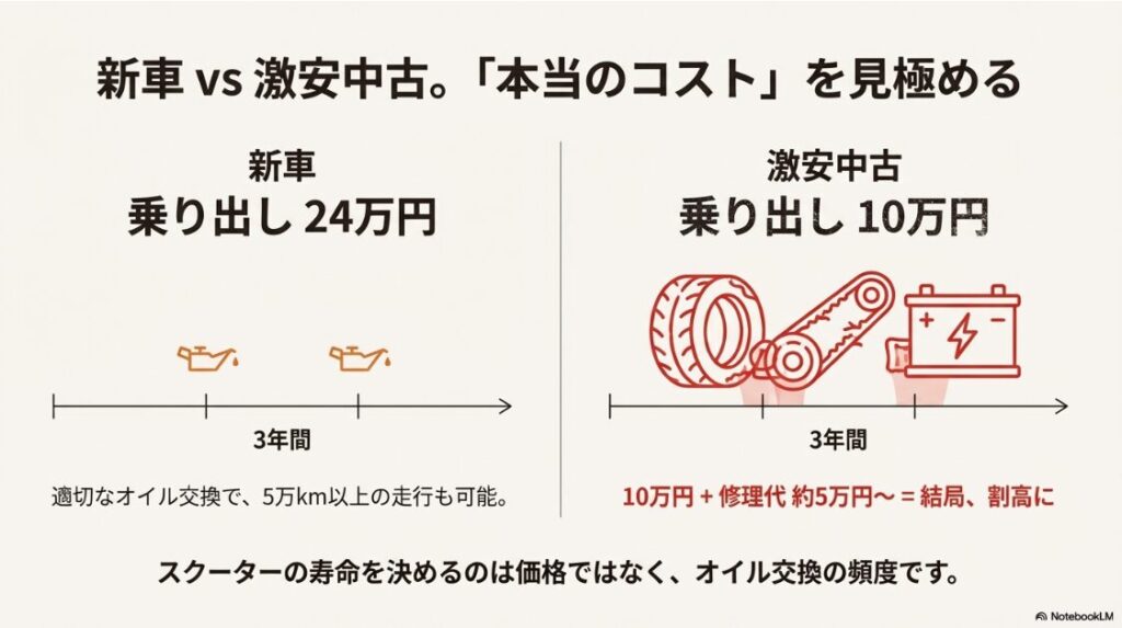 125ccスクーターの新車で安いランキング！乗り出し24万円の新車と10万円の中古車を比較し、修理費を含めると3年間で中古車の方が割高になるリスクを示したグラフ
