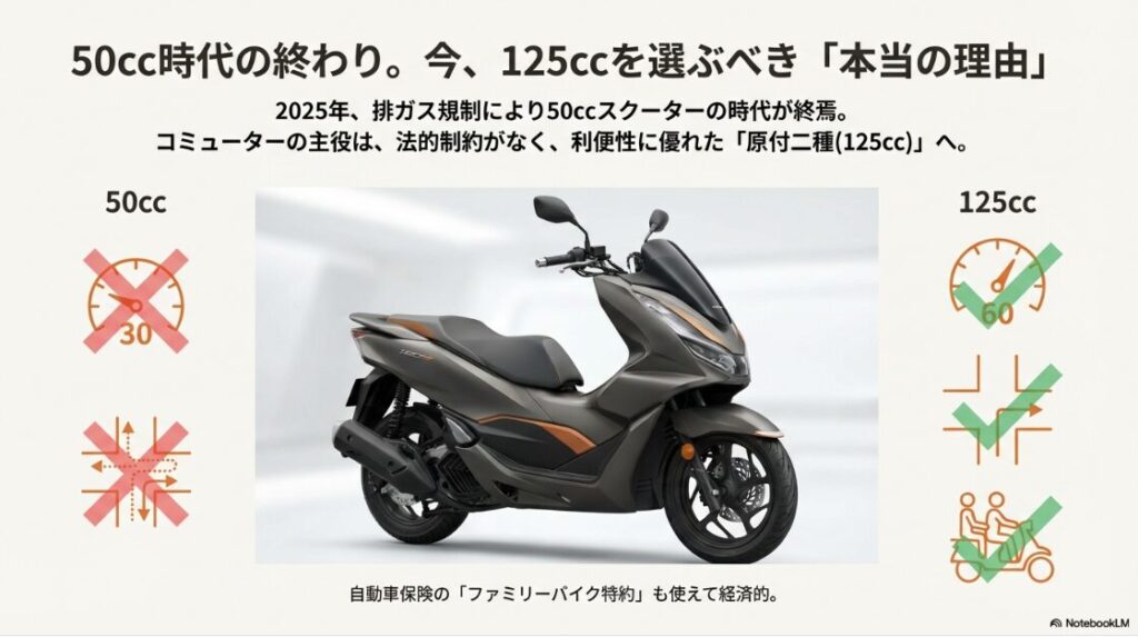 125ccスクーターの新車で安いランキング！PCXの車体画像とともに「50cc時代の終わり。今、125ccを選ぶべき本当の理由」というキャッチコピーが書かれたスライド