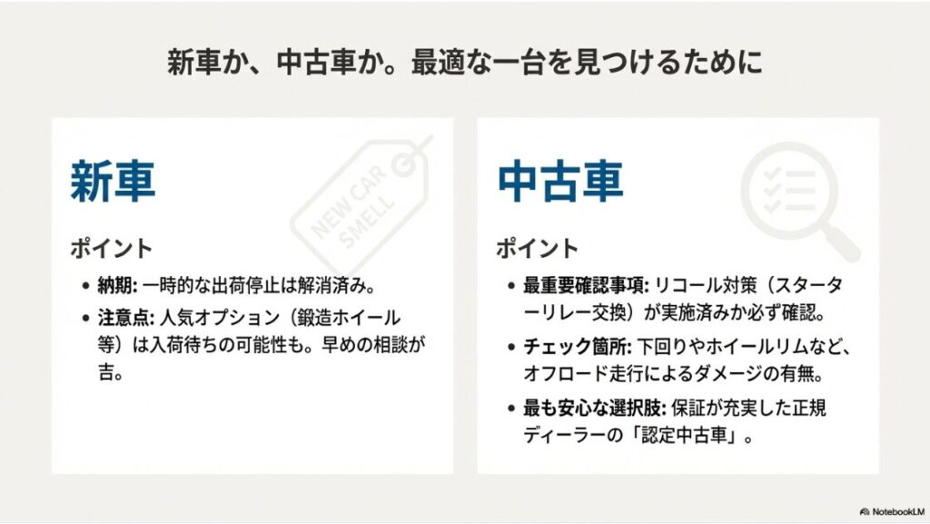 BMWのR1300GSを徹底解説！新車の納期・注意点と、中古車購入時の最重要確認事項（リコール対策済みか等）を比較解説したスライド。