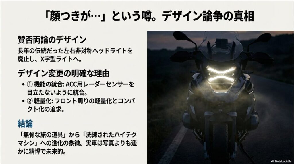BMWのR1300GSを徹底解説！暗闇で光るX字型の特徴的なヘッドライトデザインと、機能統合や軽量化といったデザイン変更の理由が記載されたスライド。