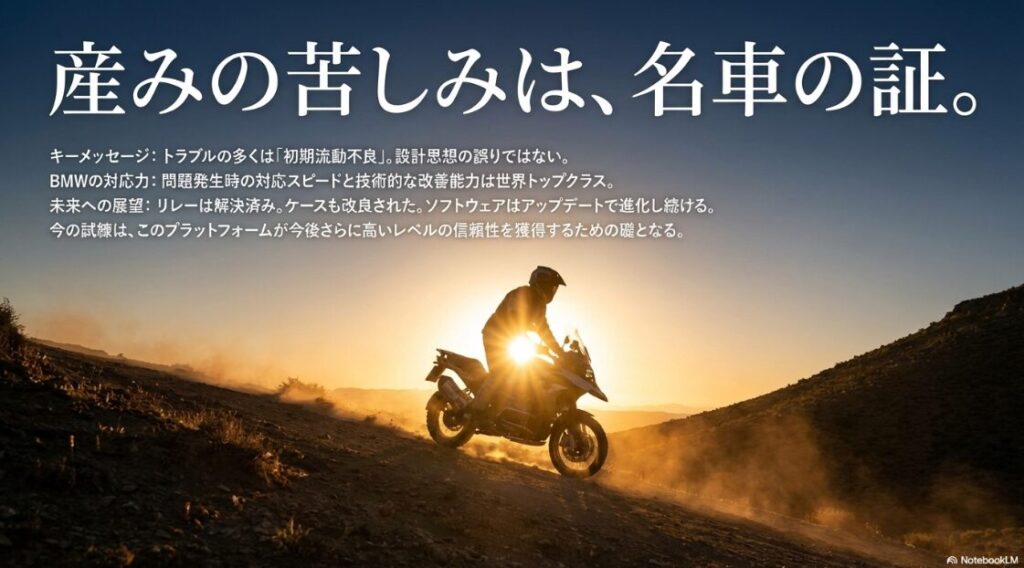 BMW R1300GSのトラブルまとめ。トラブルは設計思想の誤りではなく初期流動不良であり、今後のアップデートで信頼性を獲得していくという結論を記したスライド。