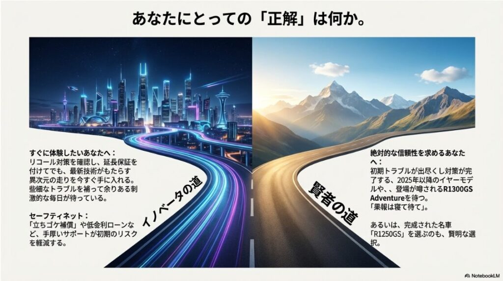 BMW R1300GSのトラブルまとめ。「イノベーターの道（今すぐ買う）」と「賢者の道（対策完了モデルやGSAを待つ）」に分岐する、購入検討者向けのアドバイスチャート。