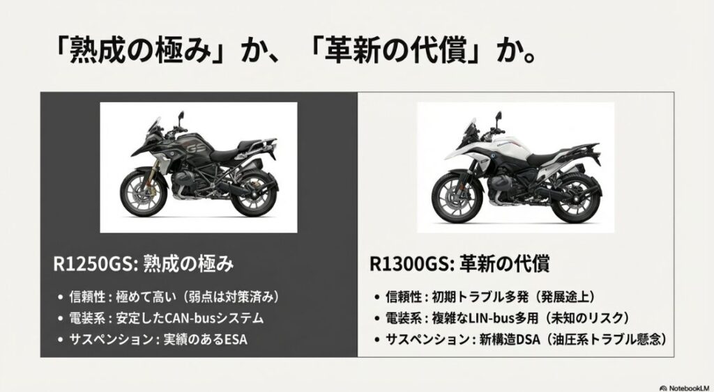 BMW R1300GSのトラブルまとめ。R1250GS（熟成の極み）とR1300GS（革新の代償）の写真を並べ、信頼性や電装系の違いを比較したスライド。