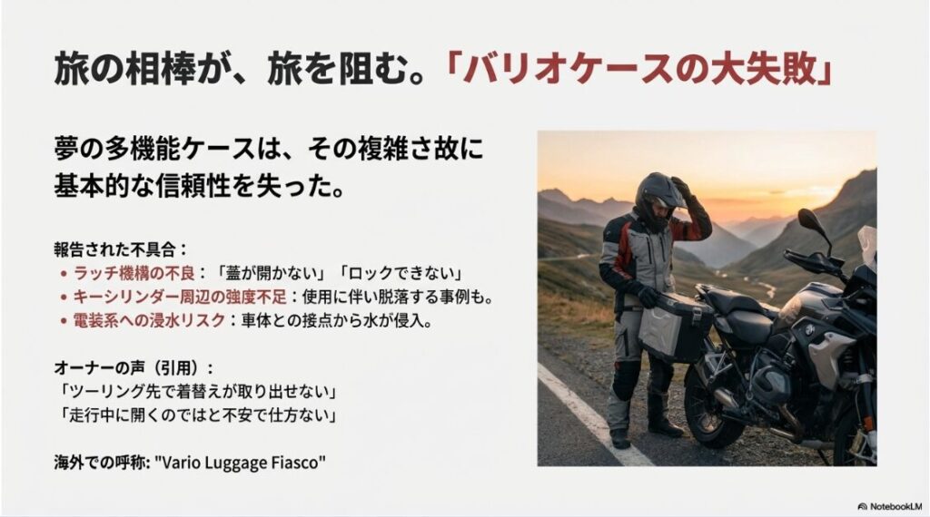 BMW R1300GSのトラブルまとめ。ツーリング先でパニアケースが開かずに困っているライダーのイラストと、ラッチ不良や浸水リスクなどの不具合一覧。