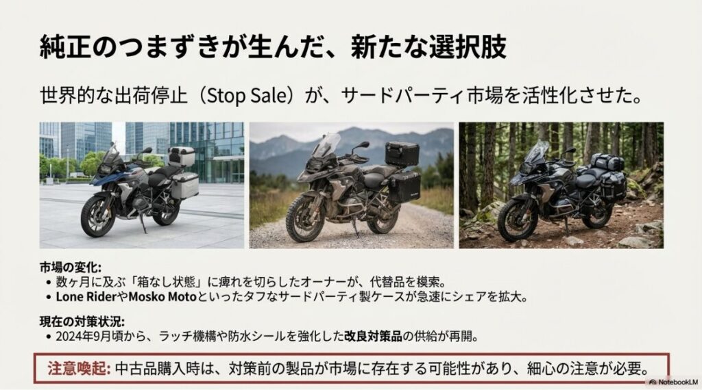 BMW R1300GSのトラブルまとめ。Lone RiderやMosko Motoなどの社外製パニアケースを装着したR1300GSの画像と、市場の変化についての解説。