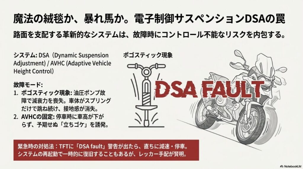 BMW R1300GSのトラブルまとめ。サスペンションの減衰力が抜け、車体がホッピングしている「ポゴスティック現象」と「DSA FAULT」警告のイメージイラスト。