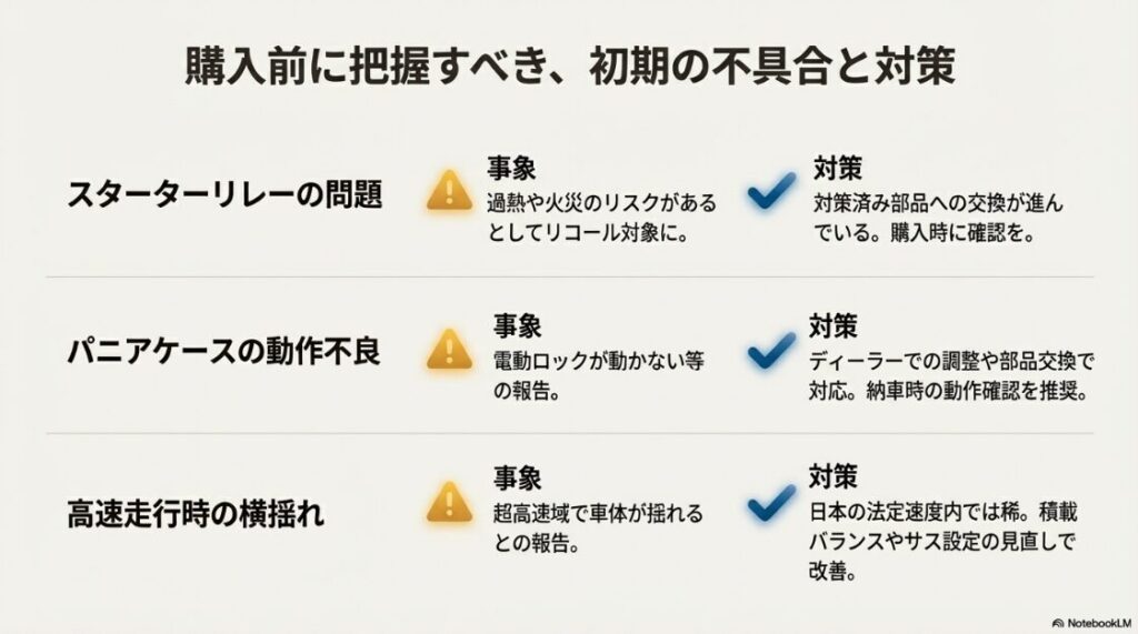 BMWのR1300GSを徹底解説！スターターリレーのリコール、パニアケースの動作不良、高速走行時の車体揺れなどの事象とその対策をまとめた一覧表。