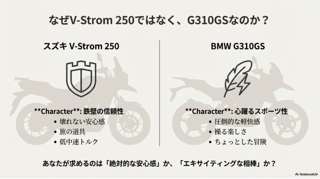 BMWのG310GSは壊れやすい？スズキ V-Strom 250の「鉄壁の信頼性」と、BMW G310GSの「心躍るスポーツ性」を比較し、求める価値観を問いかけるスライド。