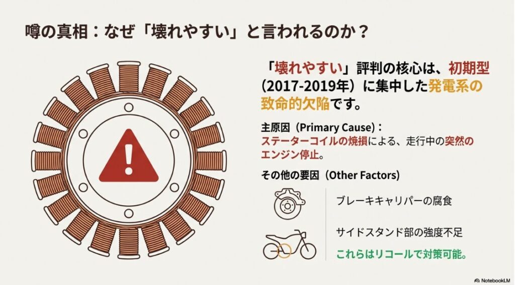 BMWのG310GSは壊れやすい？ステーターコイルのイラストとともに、2017-2019年の初期型に集中した発電系の致命的欠陥（ステーターコイル焼損）を主原因として解説するスライド。