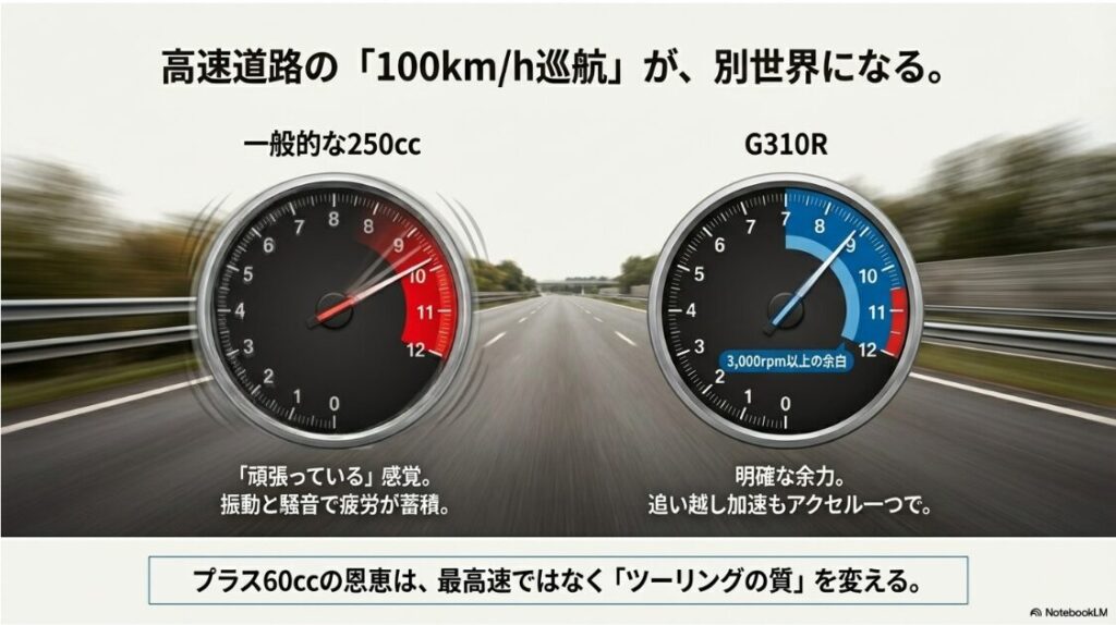 BMWのG310Rは後悔する？一般的な250ccクラスとG310Rのタコメーター比較。100km/h走行時にG310Rには3,000rpm以上の余力があり、振動や騒音が少ないことを示すグラフ。