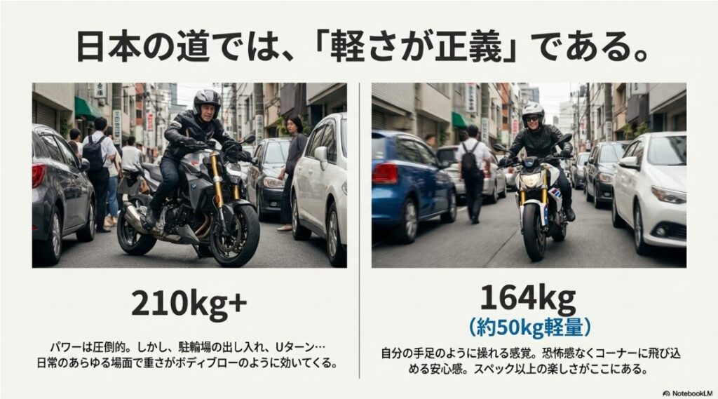 BMWのG310Rは後悔する？都市部の渋滞路を走るライダーの画像。210kgを超える大型バイクに対し、164kgと約50kg軽量なG310Rは日常のあらゆる場面で扱いやすいことを説明するスライド。