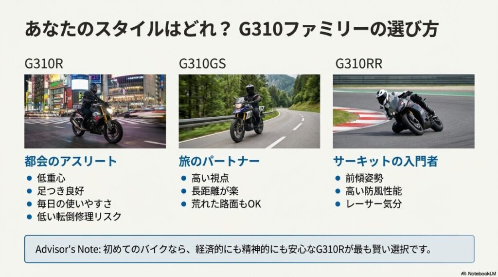 BMWのG310Rは後悔する？ネイキッドのR、アドベンチャーのGS、スーパースポーツのRRの3台を比較。街乗り、旅、サーキットといったそれぞれの得意分野と特徴をまとめたスライド。
