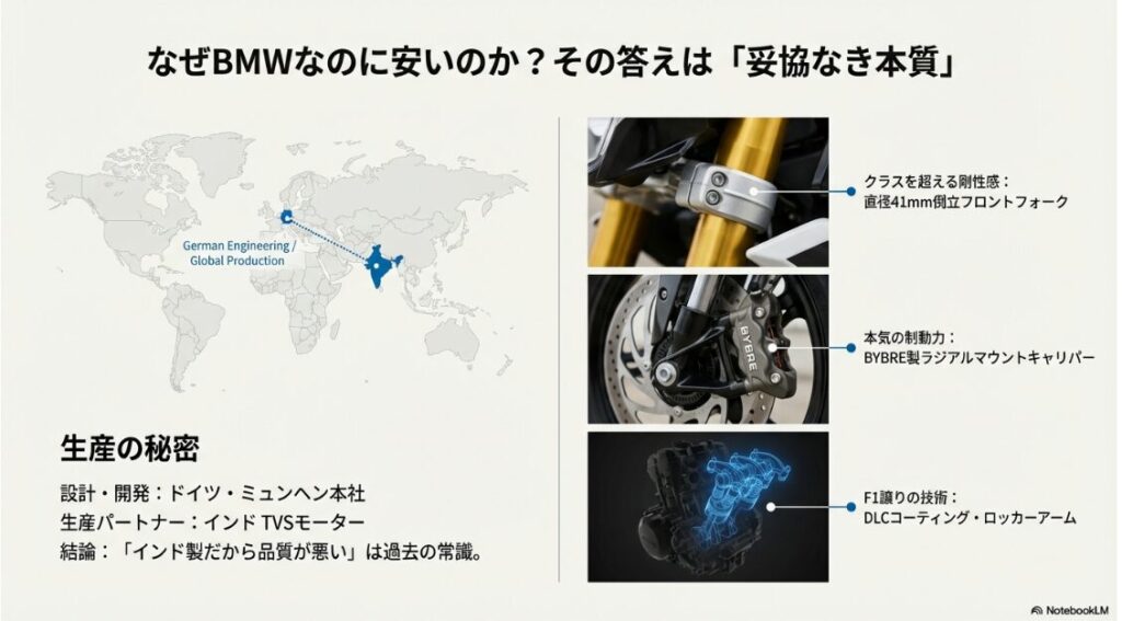 BMWのG310Rは後悔する？BMW G310Rの倒立フォーク、BYBRE製キャリパー、DLCコーティングエンジンの詳細画像。設計はミュンヘン、生産はインドのTVSモーターが担当していることを説明するスライド。