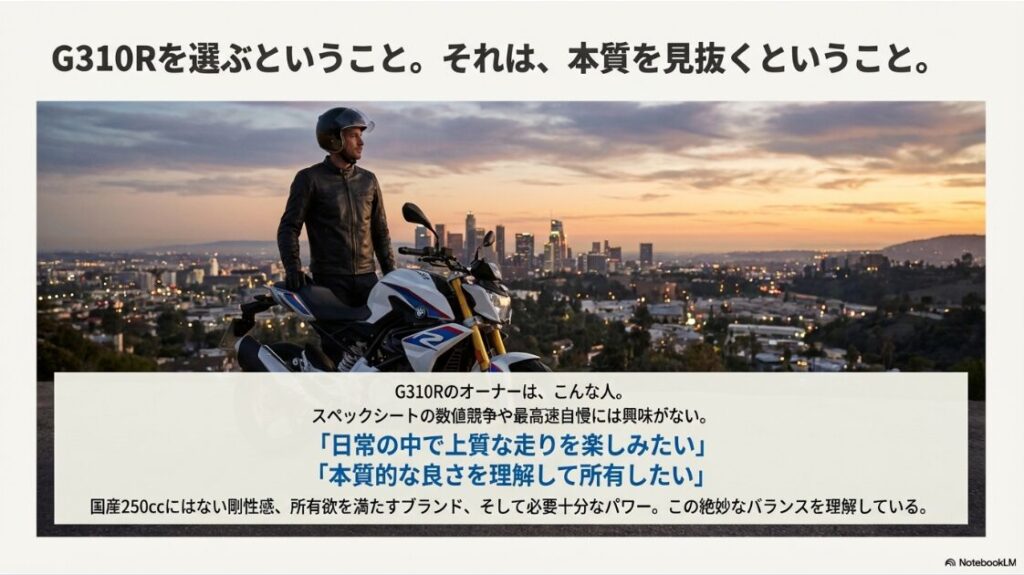BMWのG310Rは後悔する？都市の夜景をバックに佇むライダーとG310R。スペック競争ではなく、日常での上質な走りとBMWブランドの所有欲を満たすことの価値を説くスライド。
