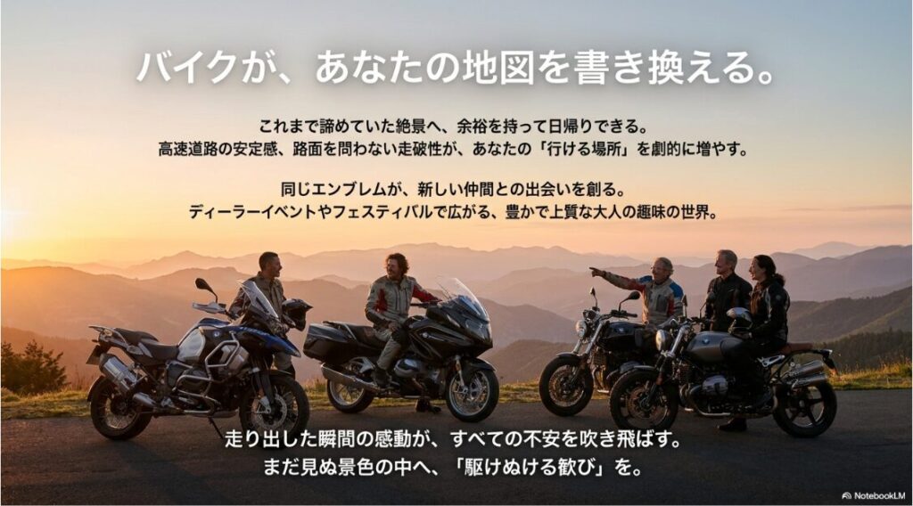 夕暮れ時の絶景をバックにBMWバイクと佇むライダー。未知の場所へ行ける喜びを表現したイメージ