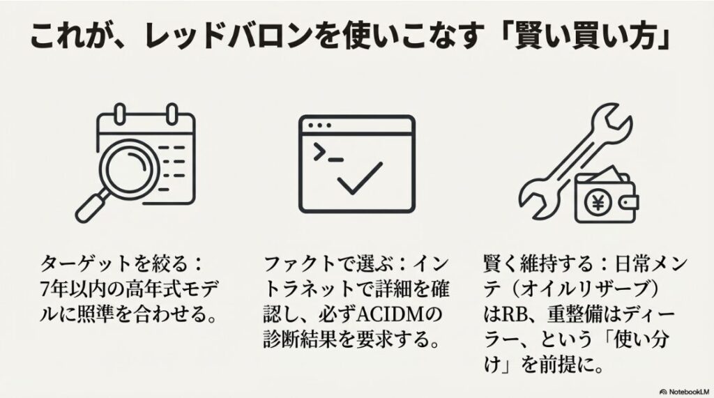 BMWのバイクの中古はレッドバロンで！ターゲットを絞る、ファクトで選ぶ、賢く維持するという3つの戦略アイコン（カレンダー、Web画面、工具と財布）が並んだまとめスライド。