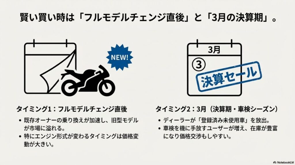 フルモデルチェンジ直後に旧型が市場に溢れるタイミングと、3月の決算期に登録済み未使用車が放出されるタイミングが「安くなる時期」であることを示したイラスト。