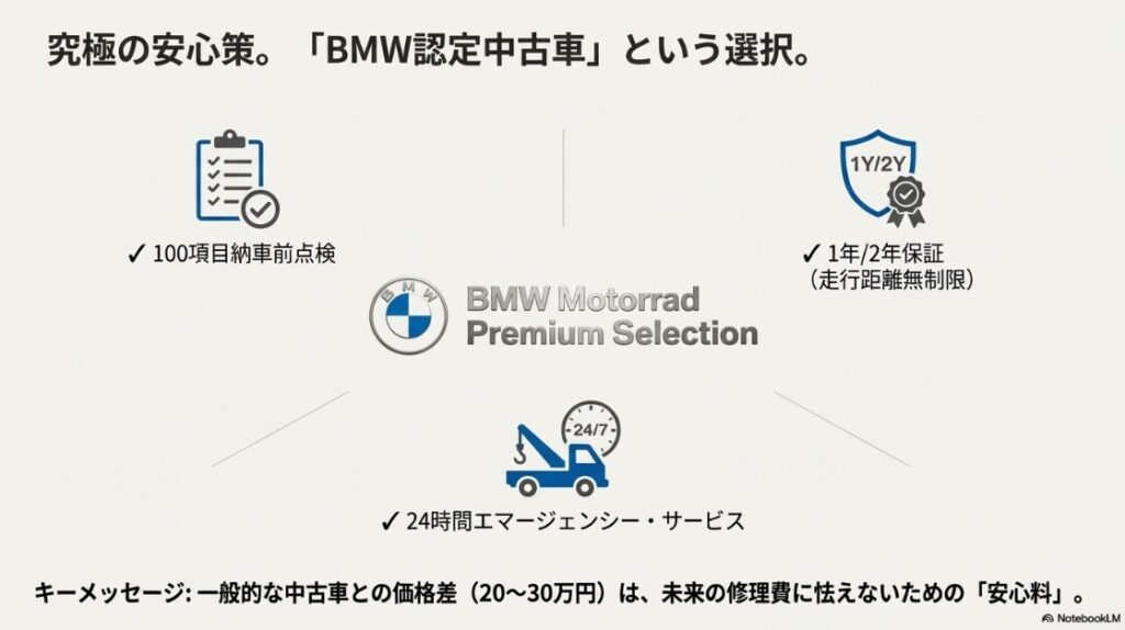 100項目の納車前点検、1年または2年の走行距離無制限保証、24時間エマージェンシーサービスなど、認定中古車に付帯する安心材料をアイコンで示した図。