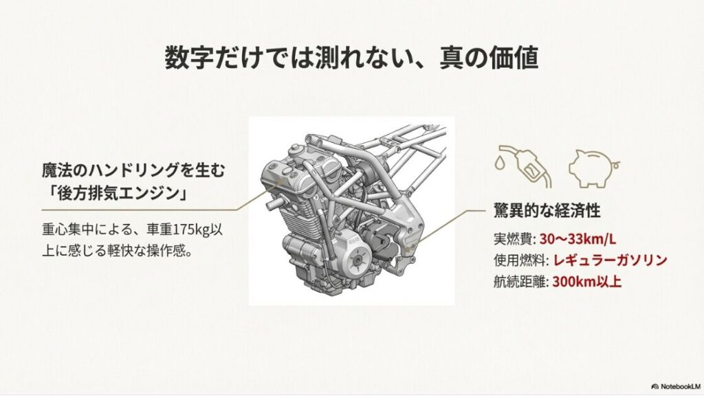 BMW G310GSの特徴的な後方排気エンジンの構造図と、車重・燃費などの主要スペック