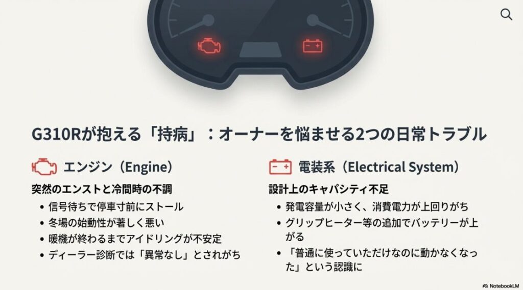 G310Rは壊れやすい？G310Rの日常トラブル解説図。エンジン（突然のエンスト、冷間時不調）と電装系（キャパシティ不足、バッテリー上がり）の具体的な症状をリストアップしている。