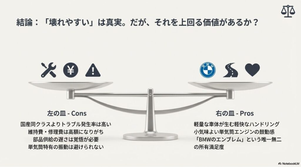 G310Rは壊れやすい？天秤のイラスト。左の皿にはトラブル率や維持費などのデメリット、右の皿にはハンドリングや鼓動感、ブランド価値などのメリットが載っており、価値が上回るかを問いかけている。