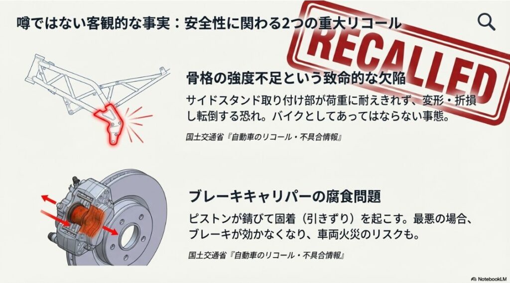 G310Rは壊れやすい？G310Rのフレーム構造とブレーキキャリパーのイラスト。サイドスタンド取り付け部の強度不足による折損リスクと、キャリパーの腐食による引きずり問題を図解している。