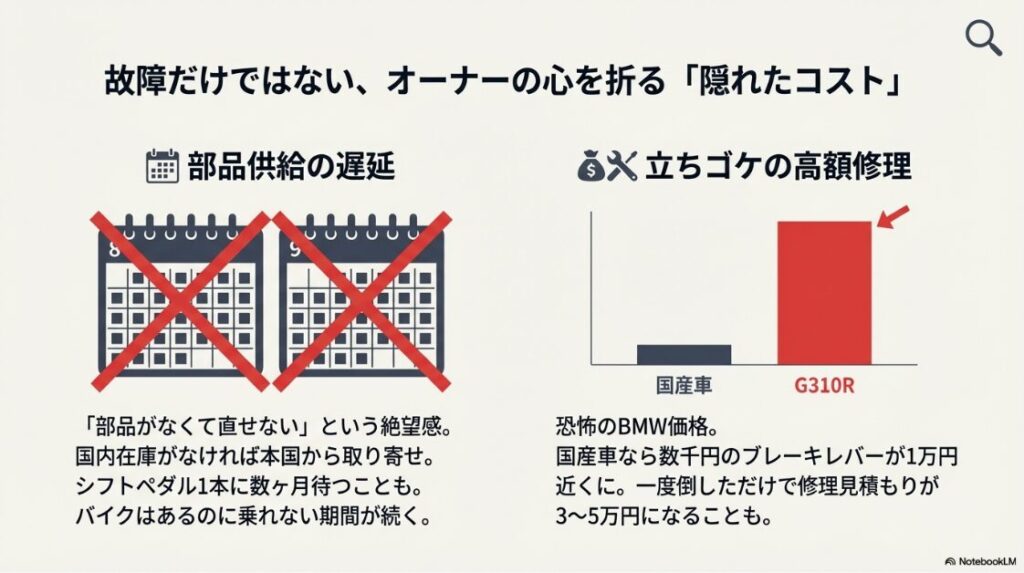 G310Rは壊れやすい？カレンダーに×印がついた部品待ち期間のイメージと、国産車とG310Rの修理費用を比較した棒グラフ。立ちゴケ時の高額修理や部品供給の遅さがオーナーの負担になることを示している。