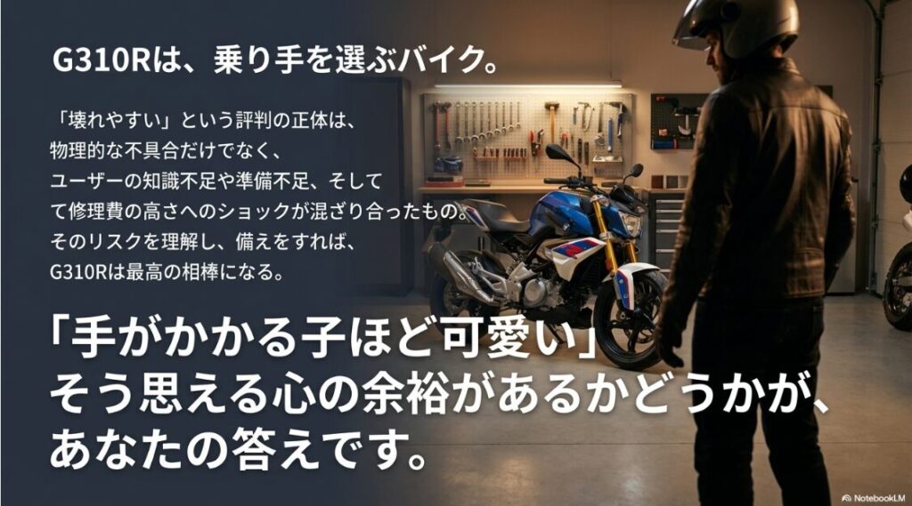 G310Rは壊れやすい？記事の締めくくりメッセージ。「手がかかる子ほど可愛い」と思える余裕があるかどうかが重要であり、理解して乗れば最高の相棒になるというメッセージ画像。