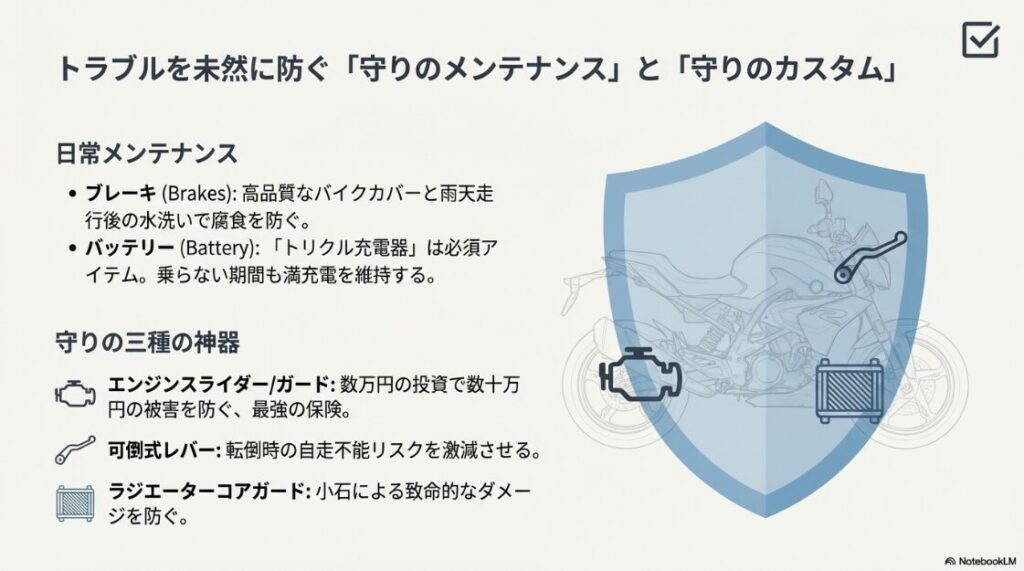 G310Rは壊れやすい？トラブルを未然に防ぐための「守りの三種の神器」イラスト。エンジンスライダー、可倒式レバー、ラジエーターコアガードに加え、日常のバッテリー管理の重要性を解説している。