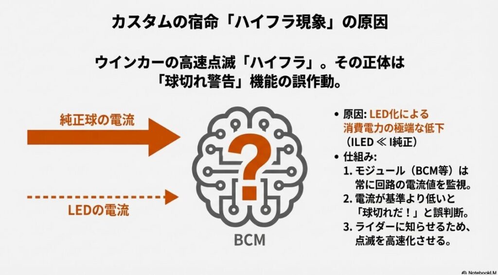 純正球とLEDの消費電力差により、BCM(ボディコントロールモジュール)が球切れと誤認してハイフラが発生するメカニズムの図解。
