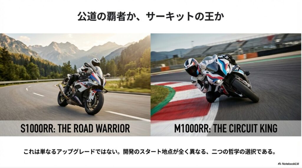 M1000RRとS1000RRの違いを徹底比較!ワインディングを走るS1000RRとサーキットを攻めるM1000RR。開発スタート地点の違いを表す対比イメージ。