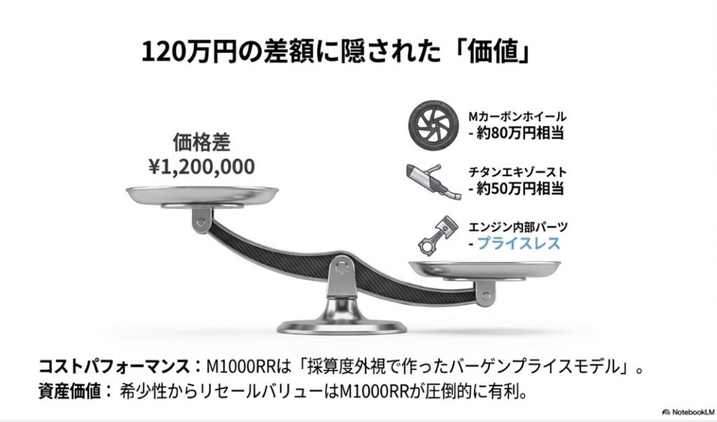 M1000RRとS1000RRの違いを徹底比較！天秤のイラスト。片側に120万円の価格差、もう片側にカーボンホイールやチタンマフラーなどの高価な装備を載せ、装備の価値が価格差を上回っていることを示す図。
