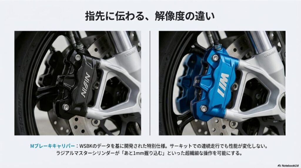 M1000RRとS1000RRの違いを徹底比較！S1000RRの黒いNISIN製キャリパーと、M1000RRの青いMロゴ入りブレーキキャリパーのアップ写真比較。
