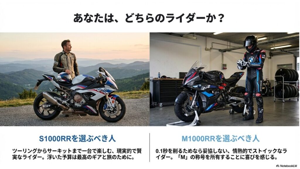 M1000RRとS1000RRの違いを徹底比較！絶景を楽しむツーリングライダー（S1000RR）と、ピットで出走準備をするストイックなライダー（M1000RR）のライフスタイル比較画像。