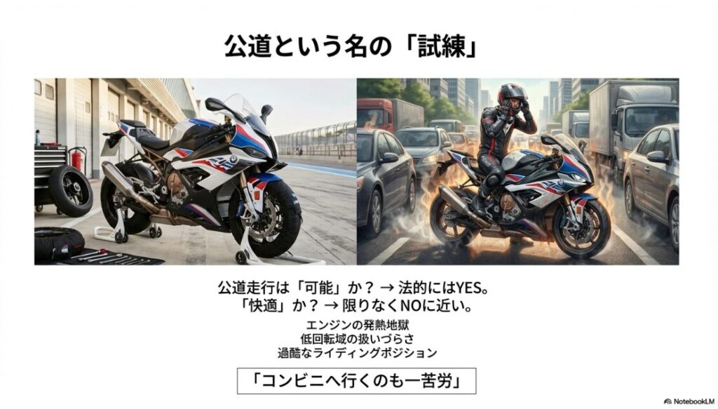 M1000RRとS1000RRの違いを徹底比較！渋滞にはまるM1000RRと、エンジンの熱や前傾姿勢のきつさに耐えるライダーのイラストイメージ。