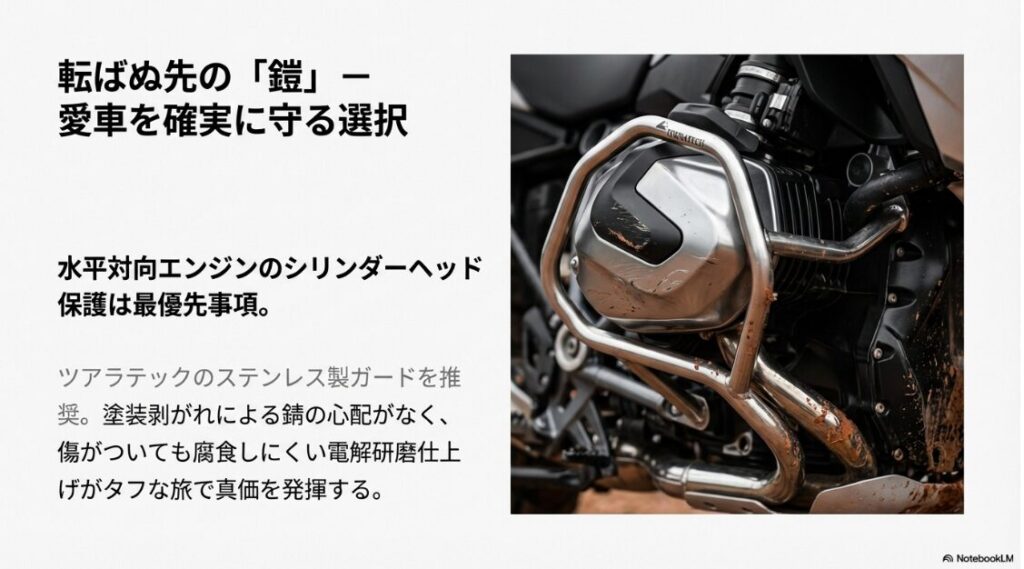 R1300GSのカスタムの極意！水平対向エンジンのシリンダーヘッドを保護する、電解研磨仕上げのステンレス製エンジンガードの装着写真