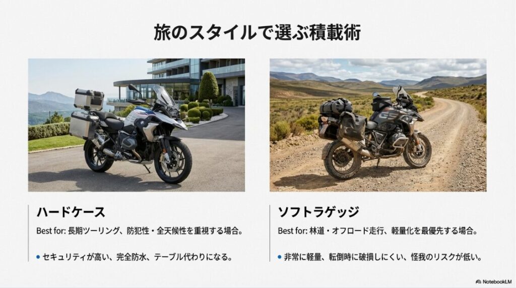 R1300GSのカスタムの極意！アルミケースを装着した車両とソフトバッグを装着した車両の比較画像、およびそれぞれの適した用途（長期/防犯 vs 林道/軽量）のまとめ
