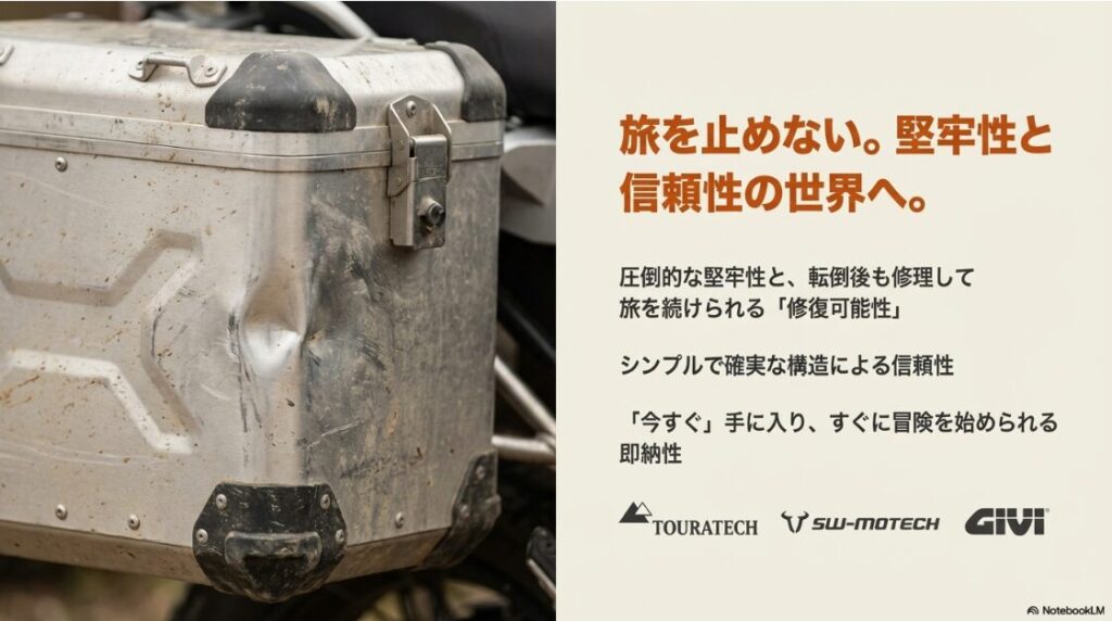 R1300GSのパニアケースを徹底研究！転倒により凹んだアルミパニアケースの画像。堅牢性と修理して旅を続けられる信頼性を表現