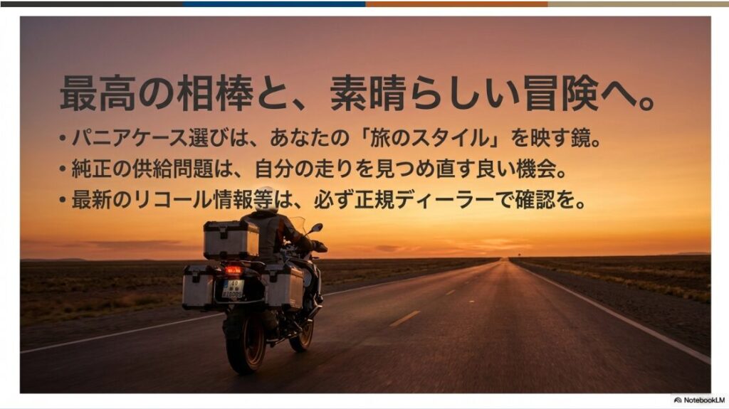 R1300GSのパニアケースを徹底研究！パニアケース選びのまとめ。「旅のスタイルを映す鏡」「供給問題は見直し良い機会」「リコール情報の確認」という3つの重要ポイント