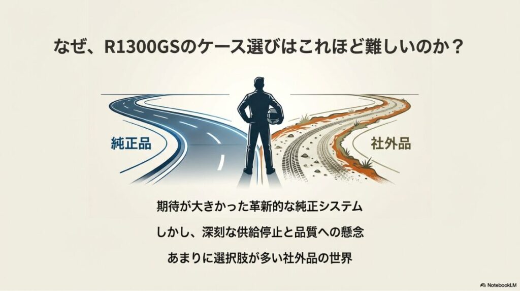 R1300GSのパニアケースを徹底研究！舗装路を行く純正品ユーザーと、未舗装路を行く社外品ユーザーの分かれ道を描いたイラスト