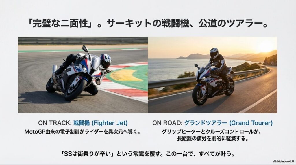 S1000RRの2025年モデルが日本発売！サーキットでフルバンクしているシーンと、海岸沿いをゆったりツーリングしているシーンを左右に配置し、S1000RRの二面性を表現したイメージ画像。