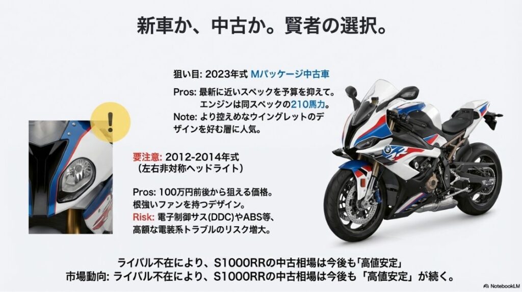 S1000RRの2025年モデルが日本発売！2023年式Mパッケージの中古車を狙うメリットと、2012-2014年式モデル購入時のリスク（電装系トラブル等）を警告マーク付きで解説した購入ガイド。