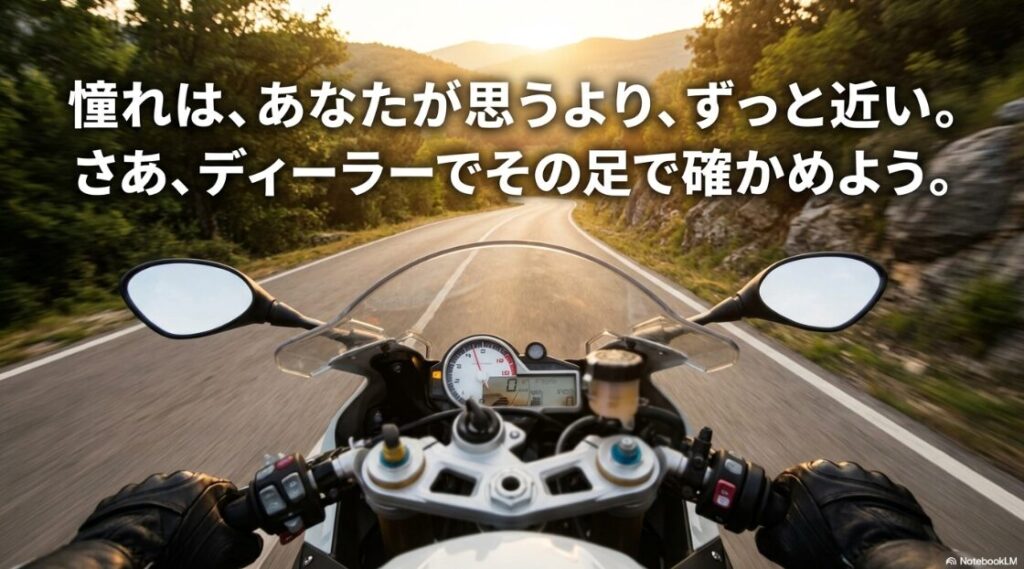 S1000RRのシート高は低い？憧れのバイクは意外と身近にあることを伝え、ディーラーで実際にまたがって確認することを促すメッセージ画像。