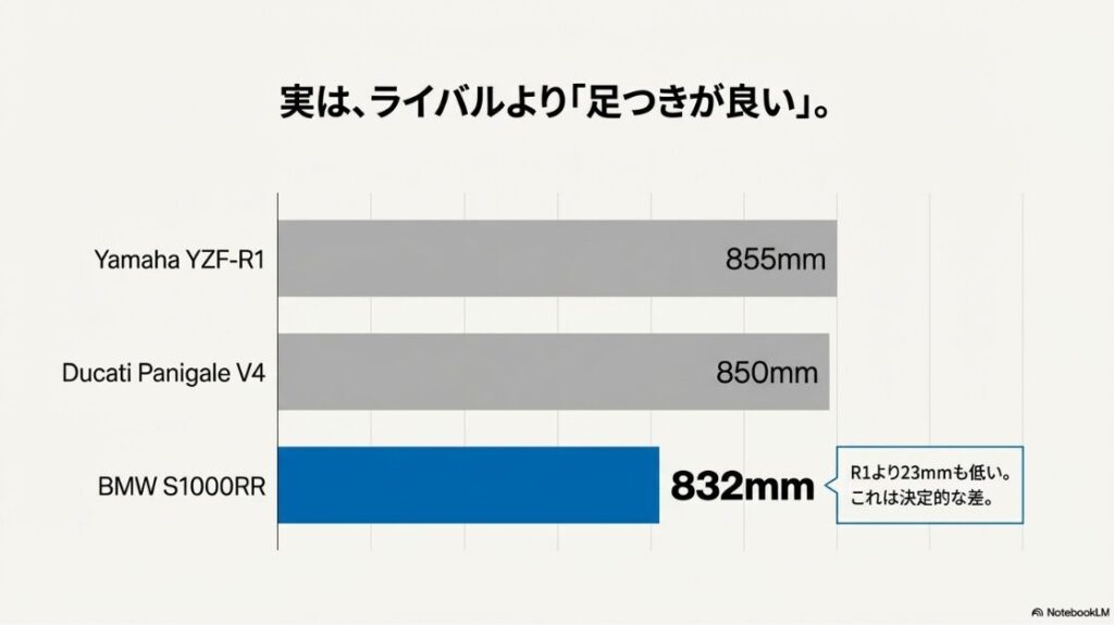 S1000RRのシート高は低い？ヤマハYZF-R1(855mm)、ドゥカティ パニガーレV4(850mm)に対し、BMW S1000RR(832mm)が最も低いことを示す棒グラフ。