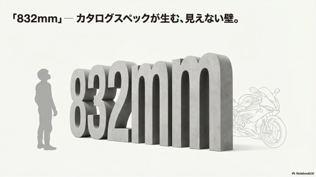 S1000RRのシート高は低い？S1000RRのカタログスペックにあるシート高832mmという数値が、ライダーにとって心理的な壁になっていることを示すスライド画像。
