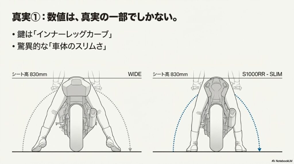S1000RRのシート高は低い？シート高が同じ830mmでも、車体幅（ワイドかスリムか）によって足の着き方が大きく変わることを図解したイラスト。インナーレッグカーブの重要性を解説。